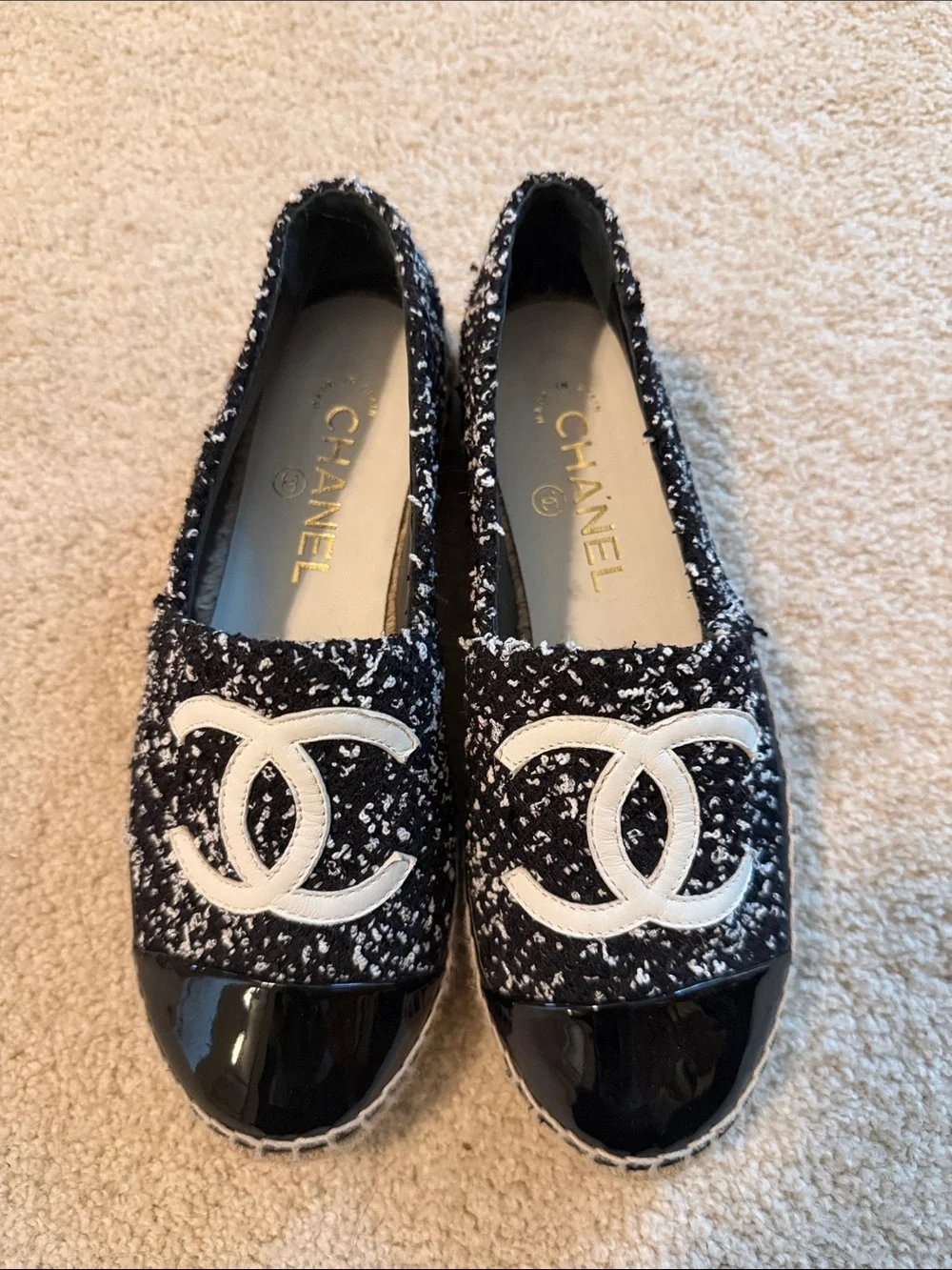 CHANEL Black & White Tweed CC Logo Slip-On Flats